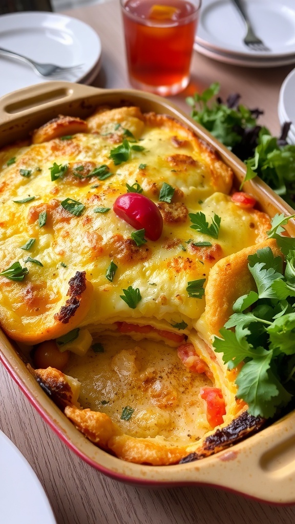 Brunch Xadrez Recipe Baked Brunch Xadrez with layers of bread, cheese, and vegetables, garnished with herbs on a brunch table.